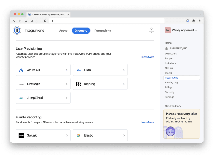 Safariブラウザで1Passwordアカウントを開き、統合カテゴリを選択すると、Google Workspace、Okta、Azure、Rippling、JumpCloud、OneLoginなどのIDプロバイダでユーザーをプロビジョニングするためのオプションが表示されます。