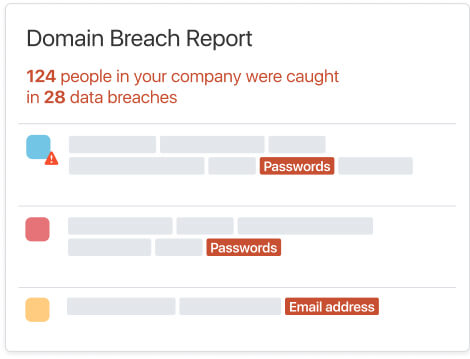 赤色のテキストでデータ侵害の警告が表示された1Passwordドメイン侵害レポートダッシュボードのスクリーンショット