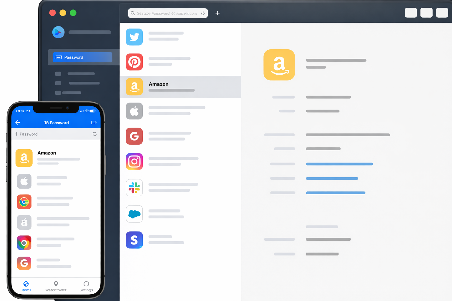 1Passwordの管理画面とスマートフォンでの利用イメージ