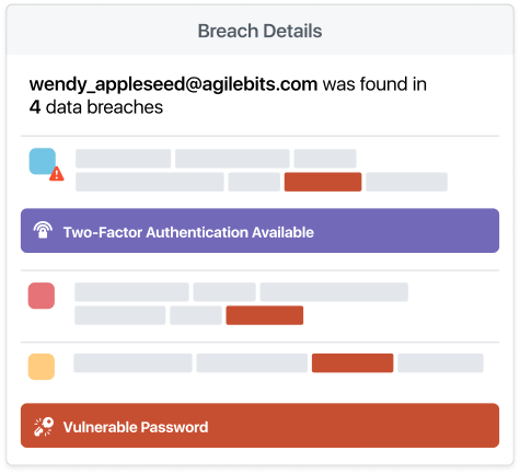 ウェンディ・アプルシードが4件のデータ侵害で見つかったことを警告する1Passwordチームの侵害警告ウィンドウのスクリーンショット