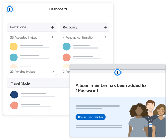 チームメンバーの確認ボタンを備えた別のウィンドウが重ね合わせられた1Passwordチーム管理ダッシュボードのスクリーンショット