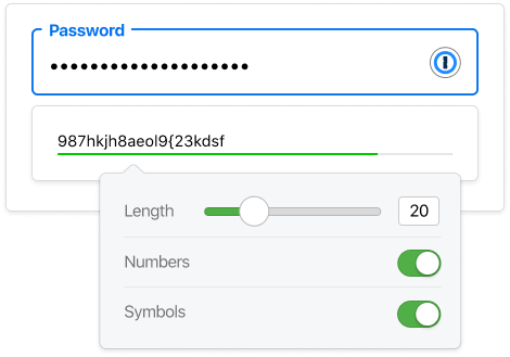 長さ、数字、記号をカスタマイズするためのドロップダウンを表示する1Passwordのシンプルなパスワード生成ツールのスクリーンショット。